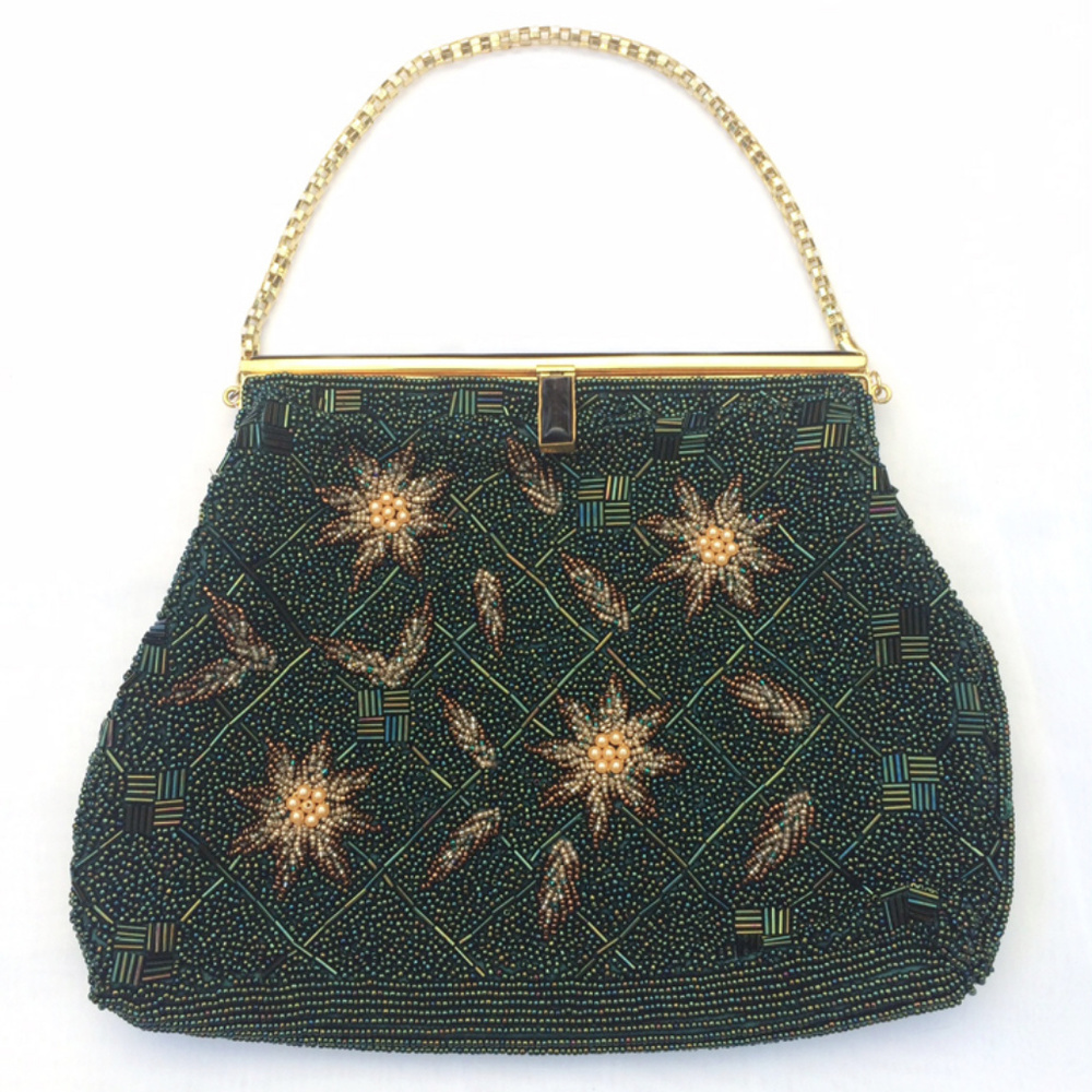 Vintage Green Beaded purse with Autumn Flora